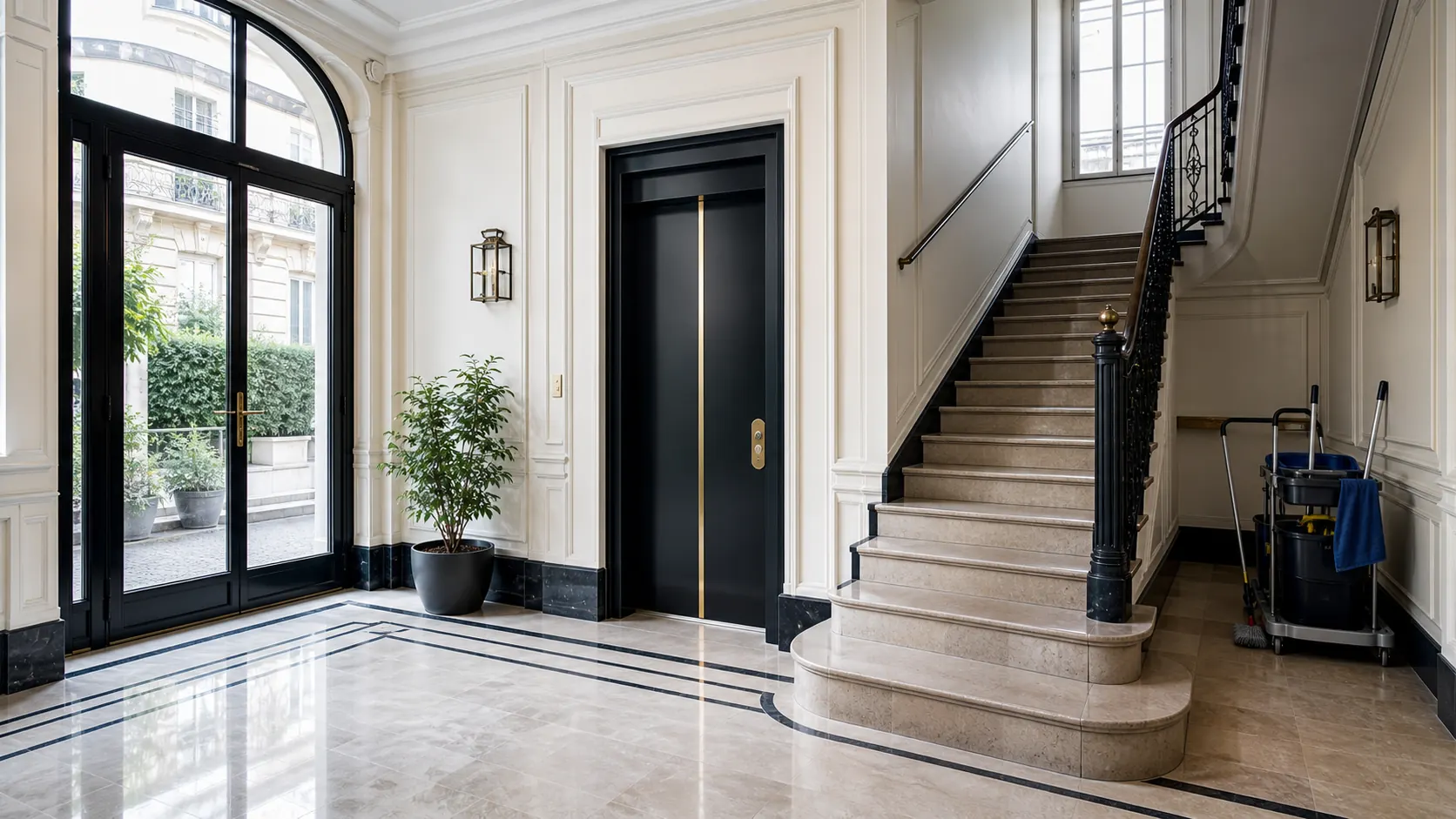 Hall d'immeuble propre et entretenu par System Ménage